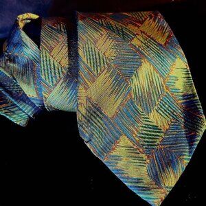 Claude Montana Silk Tie Vintage Retro Hawaiian Tapa Tiki Turquoise Blue Orange